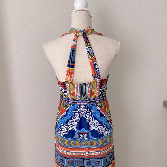 Hale Bob Boho Blue White Stretch Jersey Halter Open Back Maxi Dress Small - Picture 4 of 7
